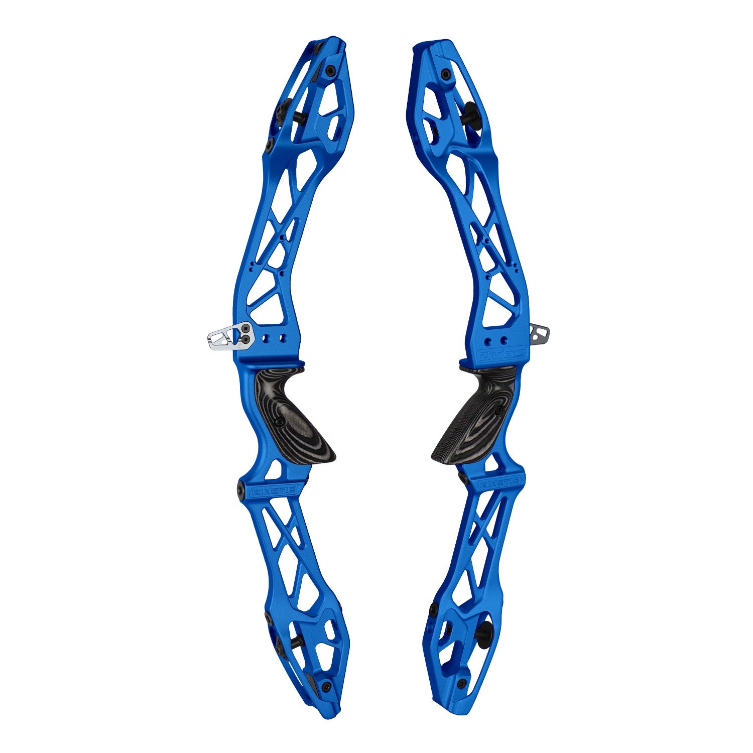 Photo of two blue Kinetic Zivio V2 recurve risers on a white background.