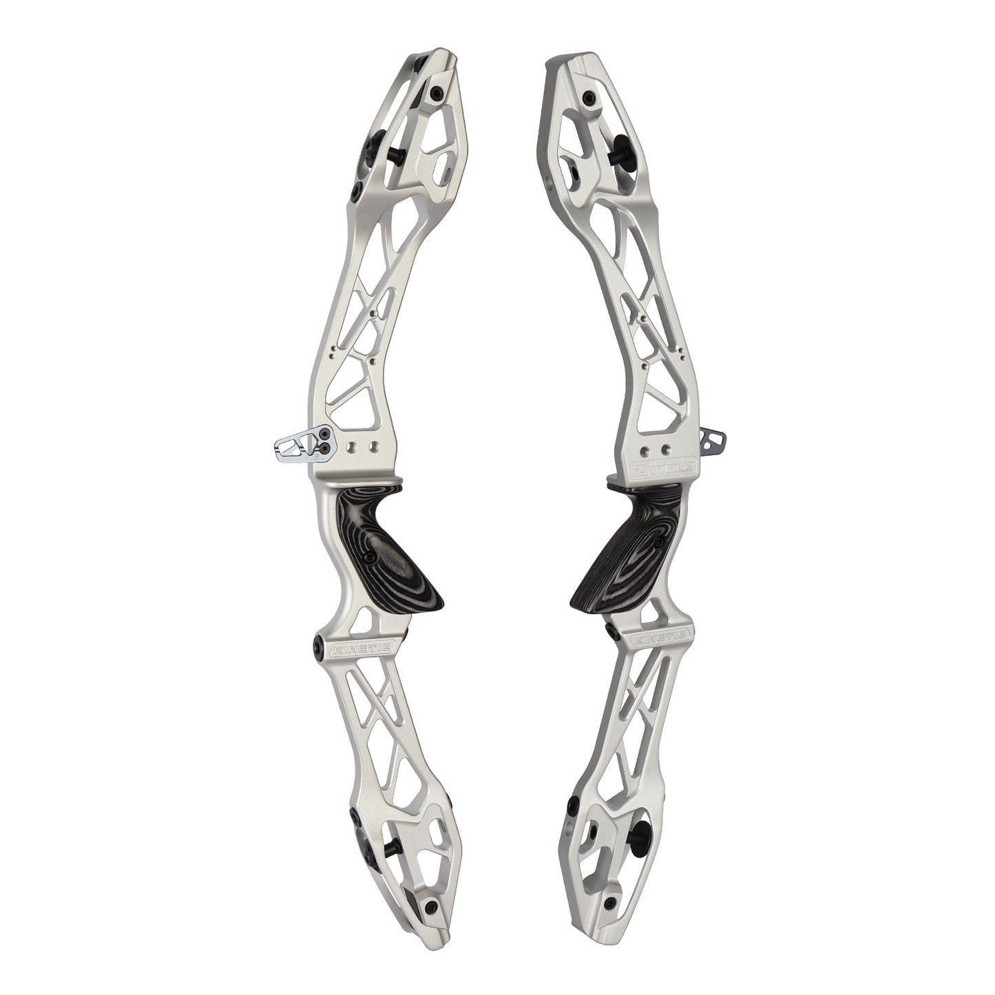 Photo of two silver Kinetic Zivio V2 recurve risers on a white background.