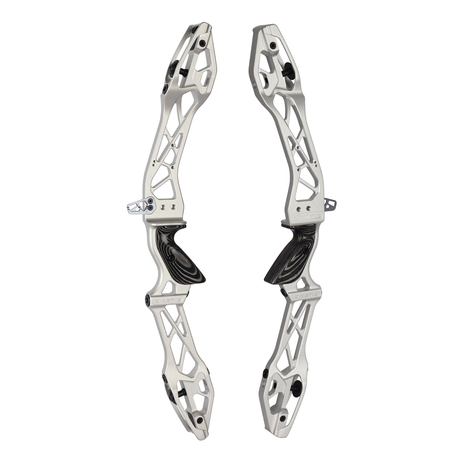 Photo of two silver Kinetic Zivio V2 recurve risers on a white background.