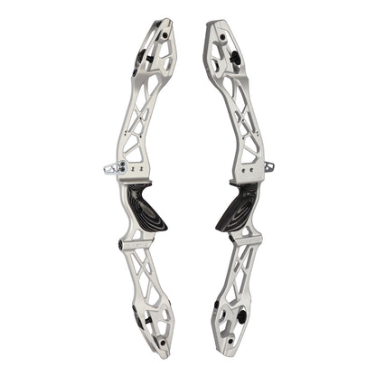 Photo of two silver Kinetic Zivio V2 recurve risers on a white background.