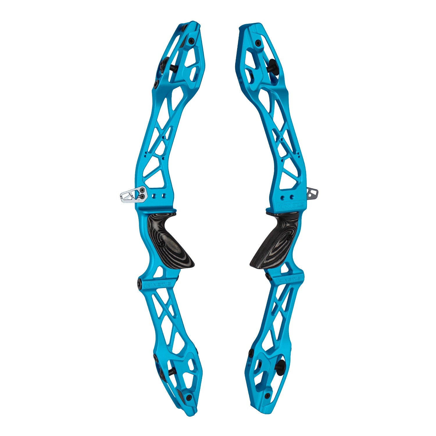 Photo of two sky blue Kinetic Zivio V2 recurve risers on a white background.