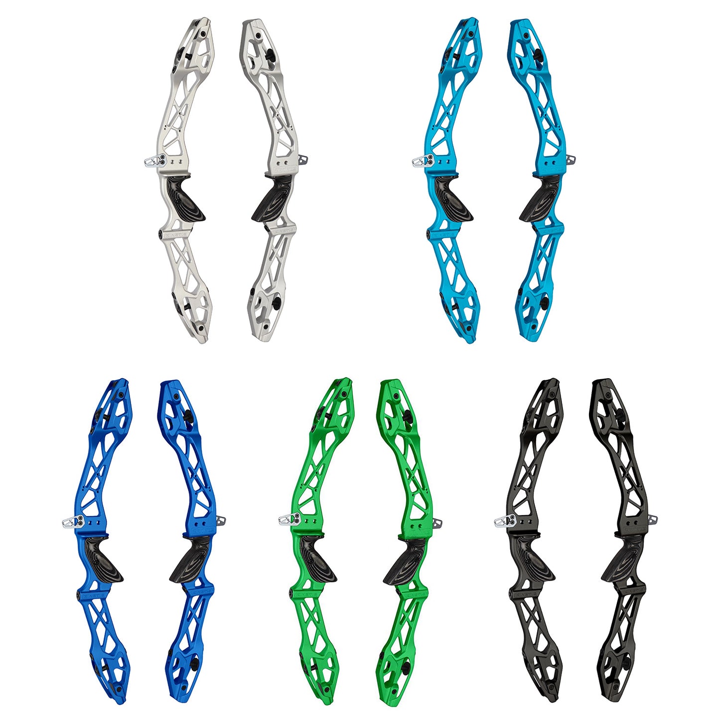 Set of Kinetic Zivio V2 archery risers in various colors on a white background