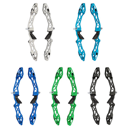 Set of Kinetic Zivio V2 archery risers in various colors on a white background