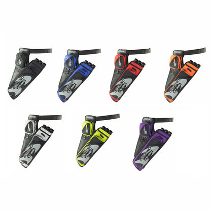 Photo of colour range of Legend XT 320 Hip Quivers.  Image includes seven different coloured quivers on a white background.