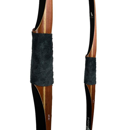 Two views of the handle of the Touchwood Lechuza Longbow on a white background.