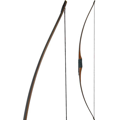Two views of the Touchwood Lechuza Longbow fully strung.  One shows the complete bow and the other focuses on the tip.