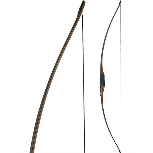 Two views of the Touchwood Lechuza Longbow fully strung.  One shows the complete bow and the other focuses on the tip.