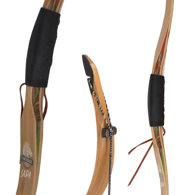 Closeup photos of parts of the Oak Ridge Bamboo Sada traditional bow on a white background.