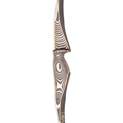 Photo of handle and arrow rest of Oak Ridge Northaro Longbow on a white background.