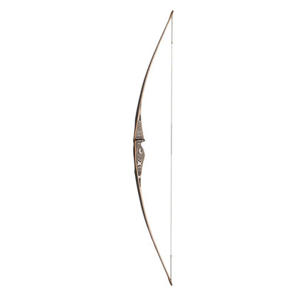 Photo of Oak Ridge Northaro Longbow fully strung on a white background.