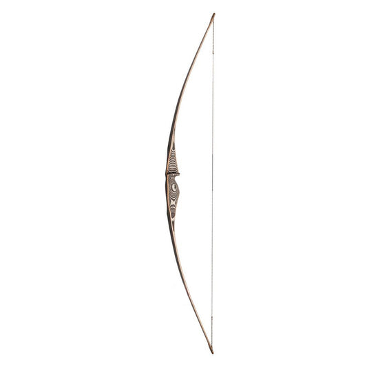 Photo of Oak Ridge Northaro Longbow fully strung on a white background.