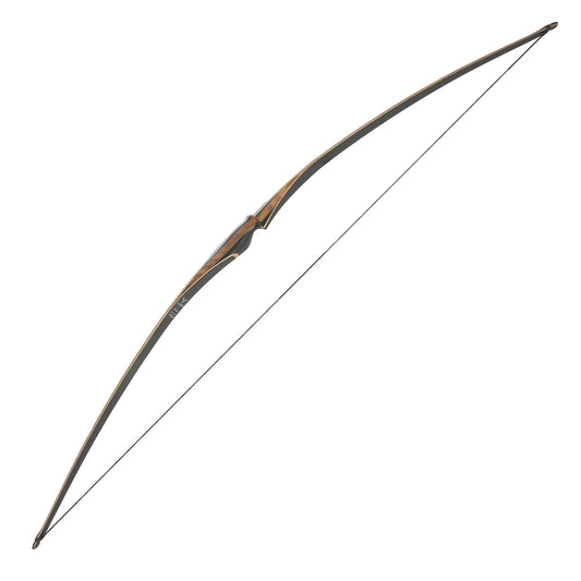 Photo of Old Mountain Volcano longbow fully strung on a white background.