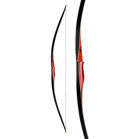 Side on photo of a strung Ragim Wolf Longbow anda closeup of the bow's handle and shelf.