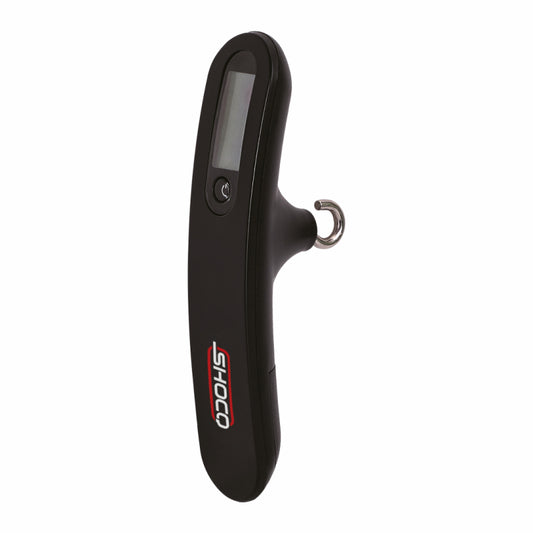 Photo of Shocq digital bow scale  on an angle with the top and side visible.