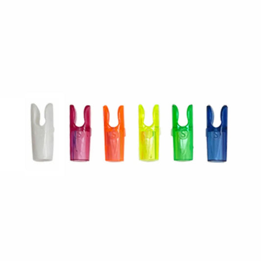 Photo of six different coloured Shock Pin Nocks on a white background.