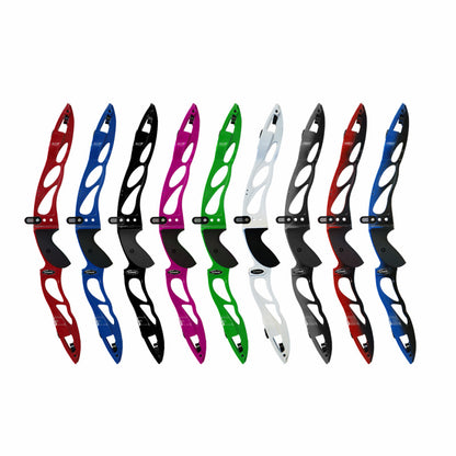 Photo of nine Shocq Supreme ILF Risers in each of the colours available at INTO Archery.