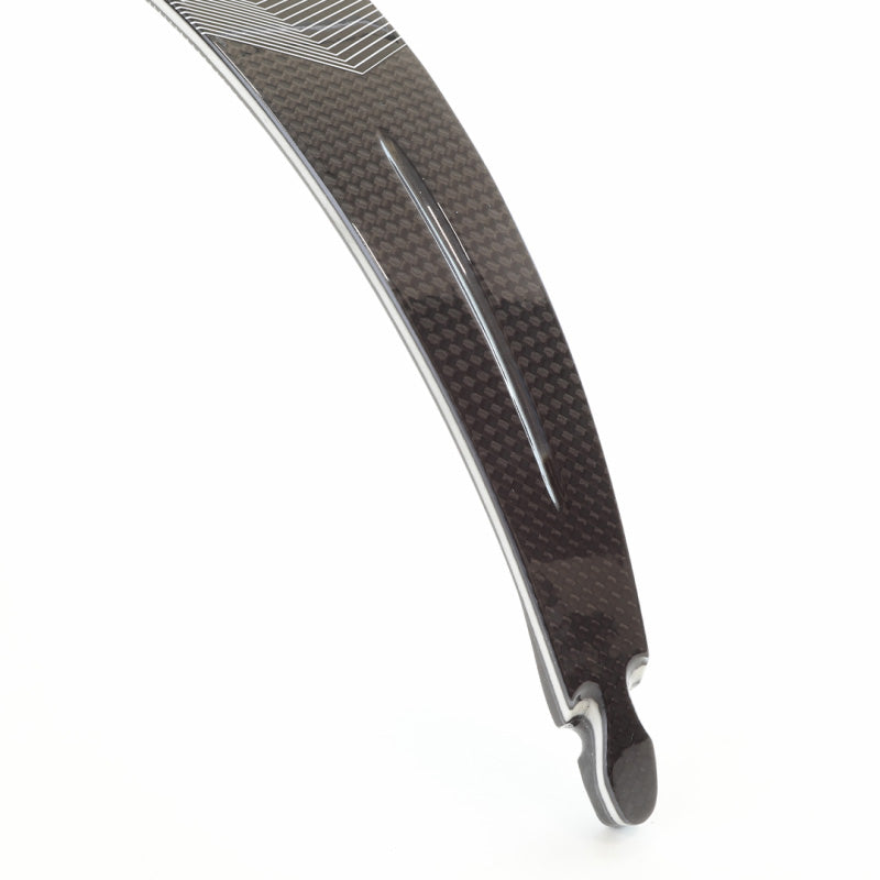 Closeup photo of the tip of a Shocq Triumph 3K Carbon limbs on a white background.