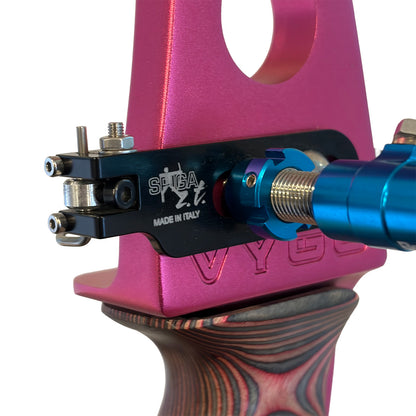 Plunger side view of a Spigarelli ZT arrow rest installed on a pink bow.