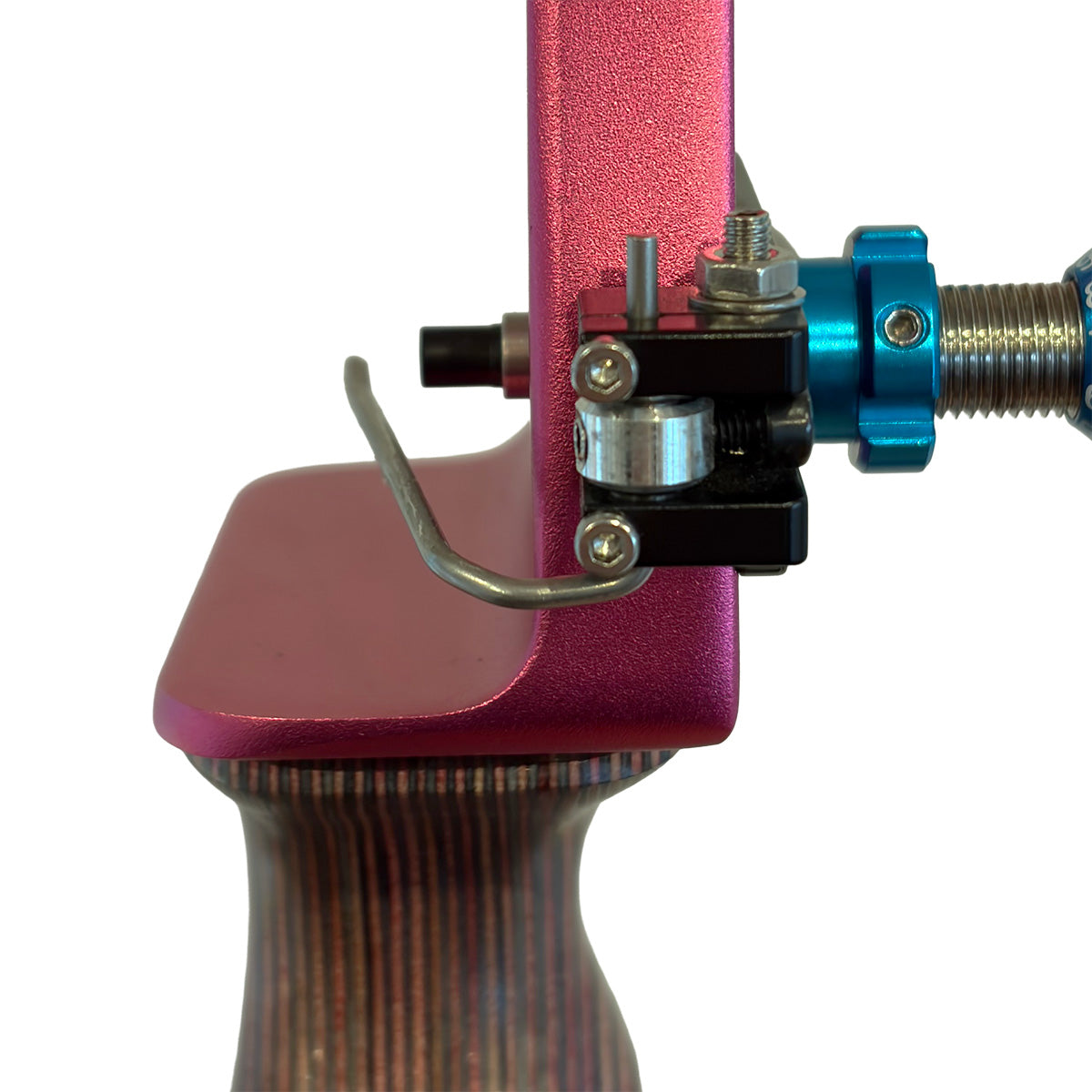 Sight window view of a Spigarelli ZT arrow rest installed on a pink bow.