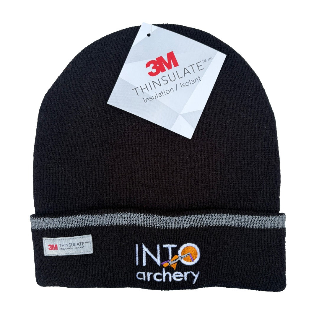 Photo of black Thinsulate beanie embroidered with the INTO Archery logo.