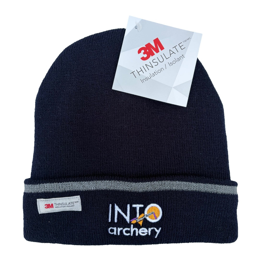 Black beanie with reflective strip and 3M Thinsulate label, featuring INTO archery logo.