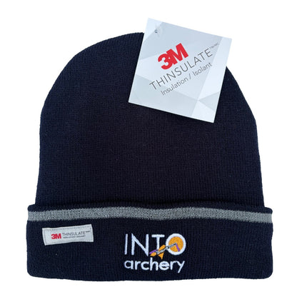 Black beanie with reflective strip and 3M Thinsulate label, featuring INTO archery logo.