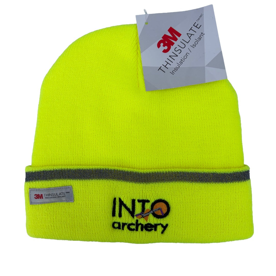 Fluoro yellow beanie with 3M Thinsulate label and 'INTO Archery' logo on a white background