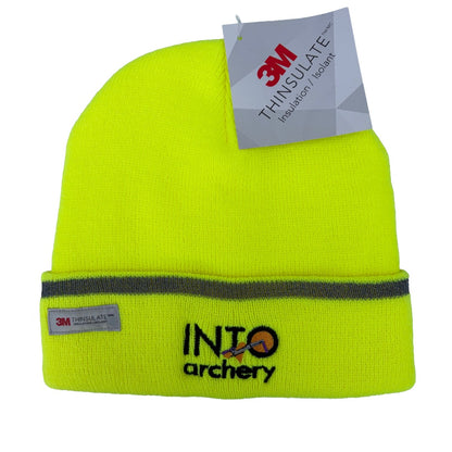 Fluoro yellow beanie with 3M Thinsulate label and 'INTO Archery' logo on a white background