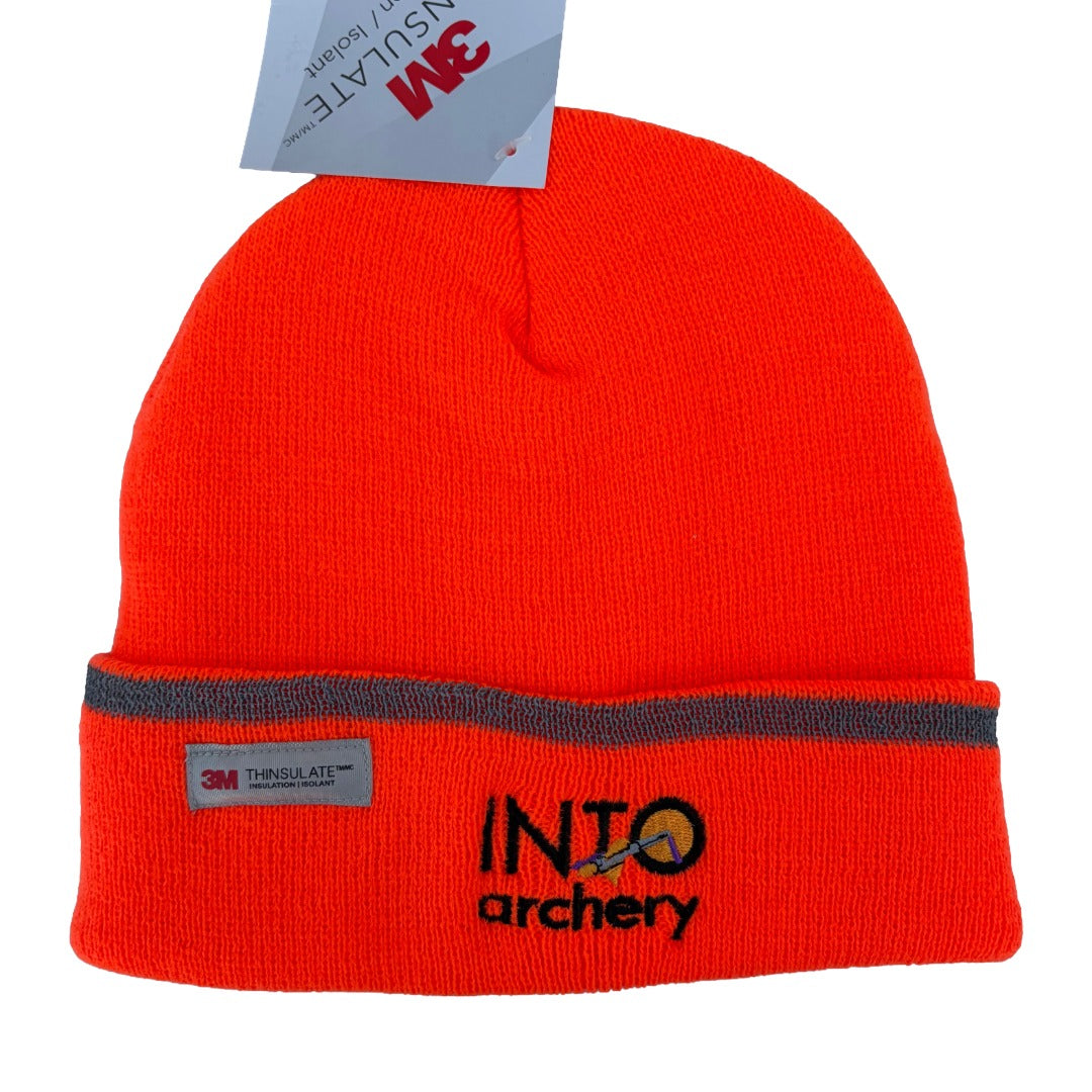 Fluoro orange beanie with 'Into Archery' logo and 3M branding on a white background