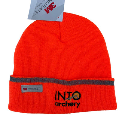 Fluoro orange beanie with 'Into Archery' logo and 3M branding on a white background