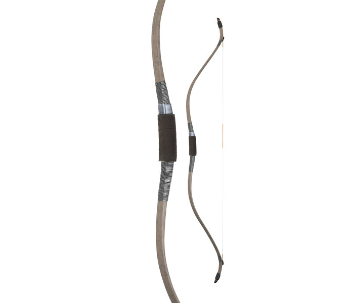 Two views of the White Feather Forever Carbon Horsebow.  One is the strung bow and the other is a closeup of the handle.