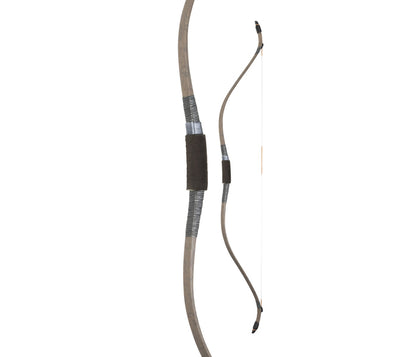 Two views of the White Feather Forever Carbon Horsebow.  One is the strung bow and the other is a closeup of the handle.