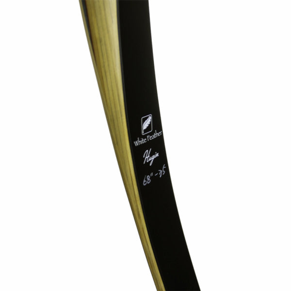 Closeup photo of makers label on White Feather Hugin Longbow.