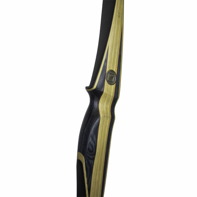 Closeup photo of right hand side of handle of White Feather Hugin Longbow.  