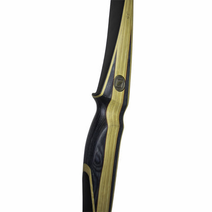 Closeup photo of right hand side of handle of White Feather Hugin Longbow.  