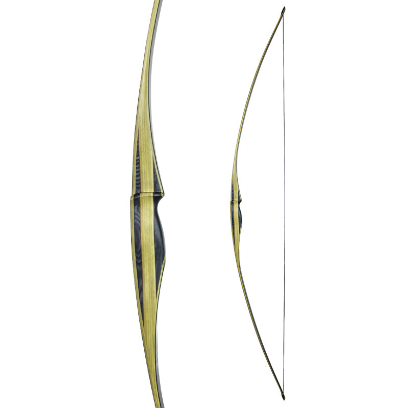 Photo of White Feather Hugin Longbow.  Image shows a closup of the  side of the handle as well as the complete strung bow.