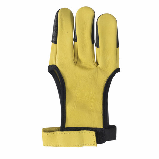 Photo of White Feather archery glove.  Its a yellow glove with black accents on a white background.