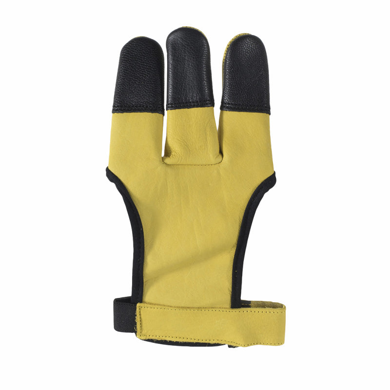 Photo of the front, palm side, of a White Feather archery glove.  It is a yellow glove with black accents and finger pads on a white background.