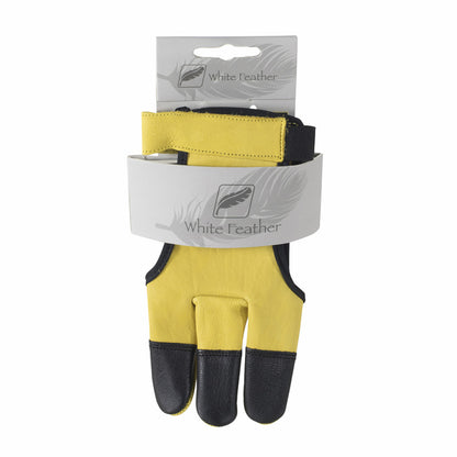 Photo of White Feather archery shooting glove in its paper packet.